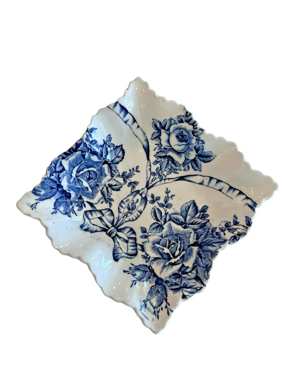 J Kent Fenton England Trinket Fluted Tray Blue & White Roses Bows 2929.0